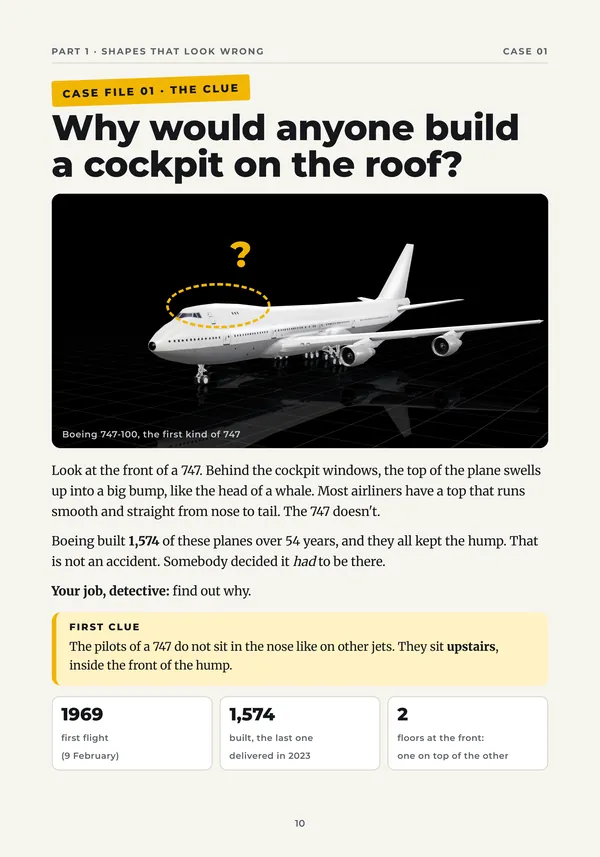 Page 10, the clue of Case 01: the question Why would anyone build a cockpit on the roof, over a picture of a plain white Boeing 747 with its hump circled